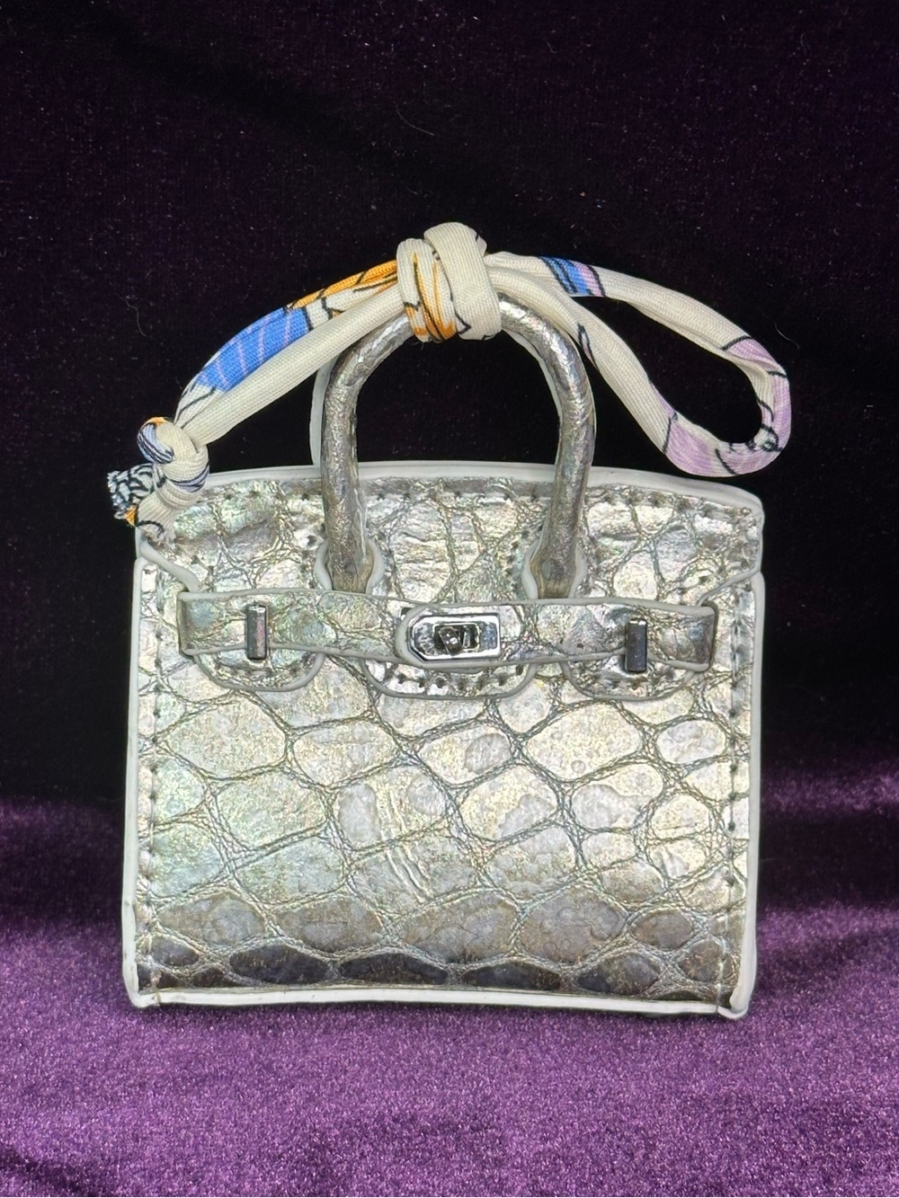 SUMMER FLASH — metallic silver mini bag charm, scarf-wrapped handle

clearance